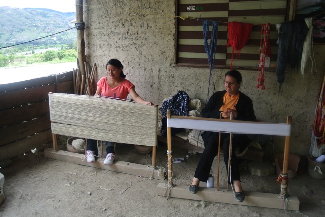 Master weaver's wife on right and helper at their looms. 